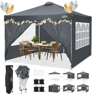COBIZI Pavillon 3x3 m Wasserdicht Stabil Winterfest Faltpavillon Partyzelt Gartenpavillon mit 4 Seitenteilen,4 Sandsäckes und Entlüftung,UV Schutz 50+,pop up faltbar für Outdoor Garten(Grau