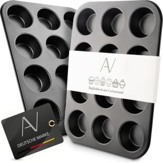 AVANA Muffinform Carbonstahl Muffinblech 12 Muffins Muffinförmchen Cupcake Backblech, antihaftbeschichtet, BPA-frei