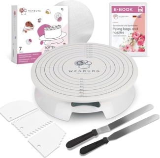 Wenburg Tortenplatte Drehbar, Tortendeko Set - Drehplatte mit Zubehör: Winkelpaletten, Teigschaber, Tortenunterlage, E-Book. Torten Drehteller I Tortenständer (Tortenplatten Set Chef)