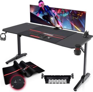 Devoko Gaiming Tisch 140 x 60 cm Gaming Schreibtisch Gamer Computertisch Ergonomischer PC Schreibtisch mit Getränkehalter und Kopfhörerhalter T-förmiger (Schwarz)