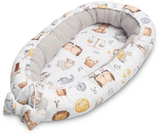 SENSILLO - Babynestchen Neugeborene - Baby-Kokon bis zu 6 Monaten - Für Bett, Kinderbett und Reise - Musselin und Baumwolle mit Silikonfüllung - 80x45 cm - Tierkreis, Grau