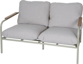 Aluminium-Gartenbank HWC-O11, Outdoor 2-Sitzer Sitzbank Sofa, Olefin Stoff (205 g/m²) 125cm ~ hellgrün Polster beige