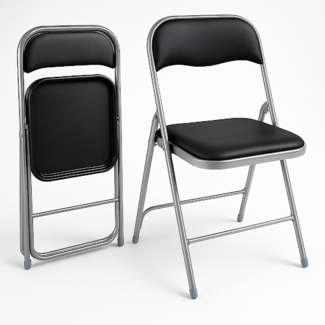 HAEST Set: 2X Klappstühle mit Metallrahmen und Kunstlederbezug, Silber-schwarz