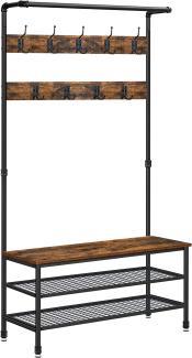 Vasagle Garderobenständer mit Sitzbank und Haken, Holz Vintagebraun/Schwarz, 100 x 41,5 x 182 cm