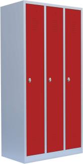 Komfort 3er Spind Garderobenschrank Stahlschrank Metallschrank Kleiderspind 180 x 118,5 x 50 cm Lichtgrau/Rot 515134