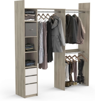 Kit Dressing Extensible D’Angle Ouvert & Modulable 3 Tiroirs 3 Barres De Penderie – Coloris Chêne & Blanc - 199,7 x 43,9 x 218,3 cm, Eiche