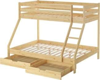 Doppel-Etagenbett 140x200 und 90x200 Erwachsenen-Stockbett Kiefer, Rollrost und Doppelbettkasten inkl.