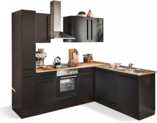 Jazz 8 Moderne Eckküche mit Elektrogeräten in Schwarz matt, Lanzelot Eiche Optik - Geräumige Küchenzeile in L-Form mit viel Stauraum - 250 x 211 x 60 cm (B/H/T)