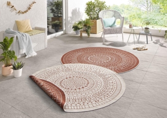 Northrugs Porto In- und Outdoor Teppich Rund – Runder Wendeteppich Wasserfest Mandala Design Flachgewebe Teppich Wetterfest für Balkon, Terrasse, Garten, Wohnzimmer in Terra Creme, ⌀240cm