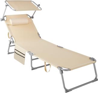 tectake® Sonnenliege klappbar, tragbar, Liege mit Seitentasche, Strandliege, Gartenliege mit Dach, Liegestuhl mit Verstellbarer Rückenlehne, inkl. Kopfkissen - für Balkon, Terrasse, Camping - beige