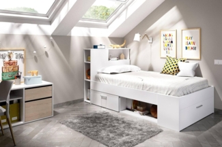 Dmora - Kristall-Kinderbett, Bett für Schlafzimmer mit Kopfteil, Einzelbettgestell mit Schublade und Regalen, 218 x 99 x 96 cm, Weiß