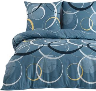 Buymax Bettwäsche Wave, Bettgarnitur, Bettbezug Set, Renforcé: 100% Baumwolle, 3 teilig, mit Reißverschluss, gemustert, Kreise, Blau, Petrol, 200x200 cm