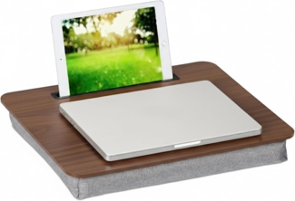 relaxdays Laptop Tablett Laptopkissen mit Handyhalter, Faserplatte, dunkelbraun
