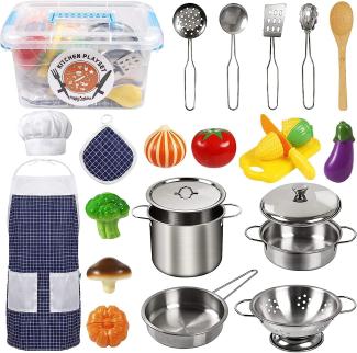 EFO SHM Küchenspielzeug Zubehör Kinderküche Kochgeschirr Edelstahl Pfannenset Schürze und Kochmütze für Gemüse Pretend Spielzeug Rollenspiele Mädchen und Jungen