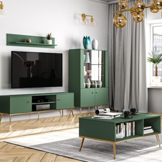 Lomadox Wohnwand FASANO-131, (4-St), dunkelblau, LED-Beleuchtung, Füße & Griffe goldfarben, mit Couchtisch