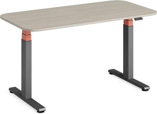 Steelcase Solo höhenverstellbarer Sitz-Steh-Schreibtisch mit Tischplatte in Akazie und Gestell in Amsel mit der Akzentfarbe Safran (140 x 70 cm)