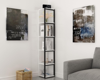 Hanah Home Modern Bookshelf with Metal Frame, Black & White, 33.7 x 180 x 29.5 cm | 100% Melamine Coated Particle Board, 18 mm Thick | Wall-Mountable, Stylish Storage Solution