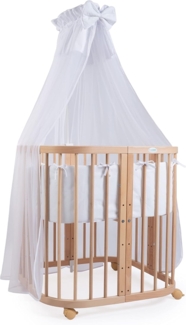 Waldin Babybett aus Holz 7in1 mit Matratze, Mitwachsendes Kinder-Bett, Belüftet, Boden 5-Fach Verstellbar, All-Inclusive-Set, Holz Natur, Stoffe Weiß