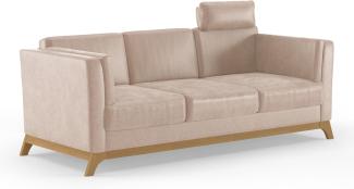 Cavadore 3er-Sofa Vida / 3-Sitzer Couch im trendigen Design mit massivem Holzrahmen in Eiche, Kopfstütze mit Kuschelkissen / 213 x 84 x 93 / Mikrofaser, Beige