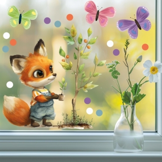 Sunnywall Fensterdekoration wiederverwendbares Fensterbild Fuchs Gärtner Baum Schmetterling, wiederverwendbar, statisch haftend, beidseitiger Druck