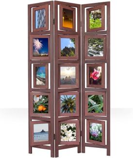 Homestyle4u Paravent 3-tlg. mit 15 Fotohalter, Paulowniaholz braun, 93x161 cm