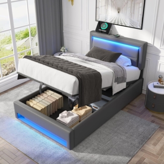 REDOM Polsterbett Schlafsofa Multifunktionsbett, Funktionsbett Stauraumbett (Daybett Tagesbett mit LED-Beleuchtung, hydraulischem Stauraum & verstellbarem Kopfteil, Samtbezug, Für Gästezimmer, Wohnräume & Apartments, bis 120 kg), Ohne Matratze