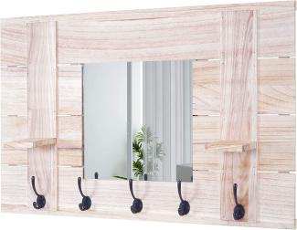 Wandgarderobe HWC-C89 mit Spiegel, Garderobenpaneel Garderobe, Shabby-Look Vintage, 5 Haken 90x60cm ~ naturbraun