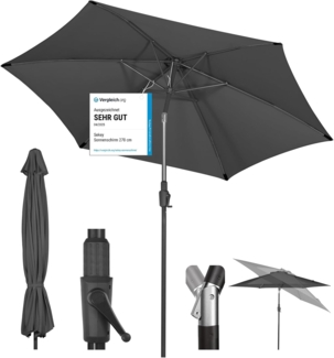 Sekey 270cm Sonnenschirm mit Kurbel und Auto Kippen,Marktschirm für Terrasse,Balkon & Garten,Windfest Stabil UPF 50+,Grau,Rund
