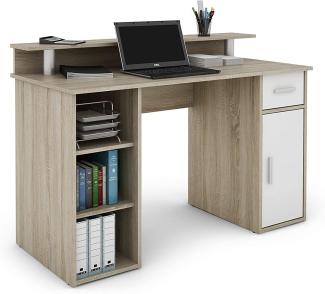 byLIVING Schreibtisch DIEGO / Arbeits-Tisch mit viel Stauraum in Sonoma Eichen-Holz-Optik / Fronten in Weiß / Computer-Tisch / 1 Schublade, 1 Tür, 3 offene Fächer / 120 x 88 x 55 cm (BxHxT)