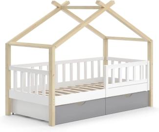 VitaliSpa Kinderbett Hausbett Einzelbett Design Weiß Grau Natur modern 80x160 cm Kinderzimmer Bett Massivholz Lattenrost Schublade Rausfallschutz Schubladenbett