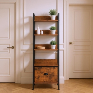 FurnitureR Hochschrank Leiterstil 42 x 29 x 110 cm, 4 Ebenen mit Stoffschublade, 12 mm Holzplatten & 20 mm Metallrahmen, 7,5 cm Rückwand, Eleganter Wohnzimmerschrank im Landhausstil