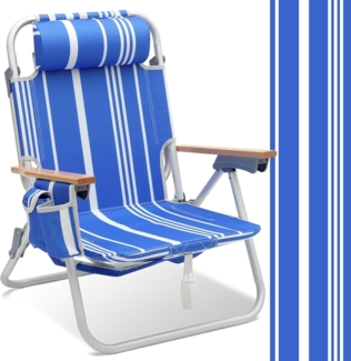 Sekey Campingstuhl Alu Strandstuhl Faltbar Liege Klappstuhl mit verstellbare Rückenlehne, Mit Holz-Armlehnen, 2 Kühltaschen, Getränkehalter und Schultergurt