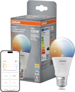 Osram SMART+ LED-Lampe, A100, 14W, 2700–6500K, E27, Kolbenform, Tunable White, dimmbar, steuerbar per App oder Sprache, kompatibel mit Matter