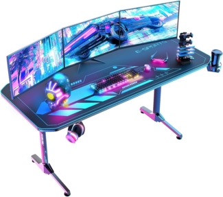 Himimi 160cm Gaming Schreibtisch, 160 x 75 x 75 cm Ergonomischer Trust Gaming Tisch, T-Form PC Gamer Computertisch mit großer pad, Becherhalter, Kopfhörerhaken, Kabelmanagement & Gaming Griffgestell