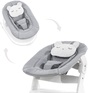 hauck Alpha Bouncer 2in1 Pastell Bär Hellgrau – Babyschale für Alpha+ Holzhochstuhl mit Hüpfrahmen, 3-Punkt-Hüftgurt & Kissen, ab Geburt bis 9 kg