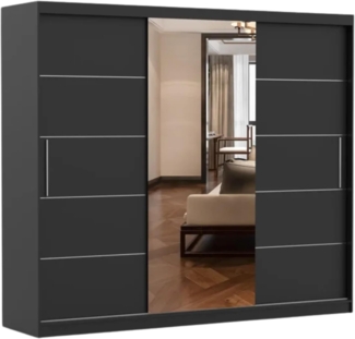 Schwebetürenschrank Alba 250 cm, Schiebetürenschrank mit Spiegel, Kleiderschrank mit Kleiderstange und Einlegeboden, Schlafzimmerschrank, Schiebetüren, Modern Design (Schwarz/Schwarz)