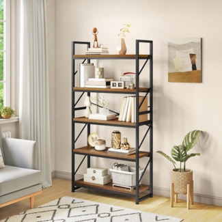 YITAHOME Bücherregal mit 5 Ebenen, Großes Standregal, Holzregal und Metallrahmen, Industrieregal, Bodenstehendes Lagerregal, für Wohnzimmer, Home Office, Vintagebraun Regal