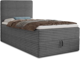 Boxspringbett Mollo Mini mit Bettkasten und Matratzentopper - Einzelbett mit Bonell-Matratze und Topper, Polsterbett in weichem Cordstoff, Bett, Schlafzimmer (Graphit (Tilia 90), 80x200 cm)