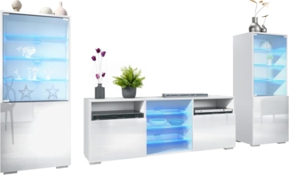 Vladon Wohnwand Granada, (Anbauwand, bestehend aus 2 Vitrinen, 1 TV-Board und LED-Beleuchtung), Weiß matt/Weiß Hochglanz (286 x 122,5 x 35 cm)