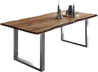 SAM Baumkantentisch 140x80 cm Mephisto, Akazienholz massiv + nussbaumfarben lackiert, Esstisch mit Edelstahl U-Gestell gebürstet, Esszimmertisch/Holztisch im Industrial-Design, Tischplatte 26 mm