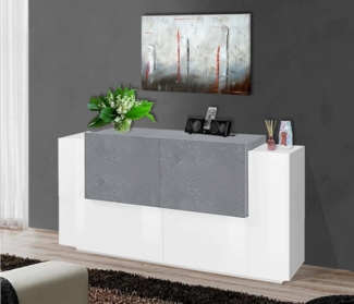 Dmora - Kommode Omero, Küchen-Sideboard mit 4 Türen, Wohnzimmer-Buffet, 100 % Made in Italy, 160 x 45 x 86 cm, glänzendes Weiß und Zement,