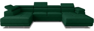 Wohnlandschaft Caris U mit Schlaffunktion, einstellbare Kopfstützen und zwei Bettkästen (Grün (Kronos 19), Ecksofa Rechts)