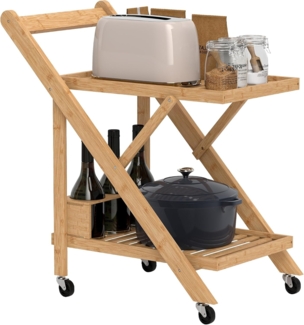 HOMCOM Servierwagen Küchenwagen mit Weinregal, Arbeitsplatte, 2 Ebenen, (Rollwagen, 1 St, Küchenwagen), für Büro, Küche, Wohnzimmer, 66 x 40 x 70 cm, Bambus, Natur