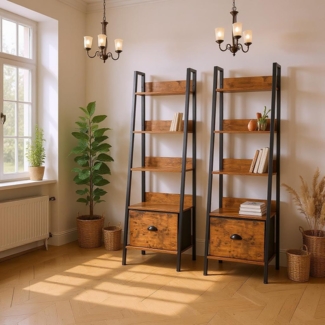 FurnitureR Esszimmer Glasvitrine Leiterstil 42 x 29 x 141 cm, 5 Ebenen, Stoffschublade, 12 mm Holzplatten & 20 mm Metallrahmen, 7,5 cm Rückwand, Elegantes Präsentationsregal