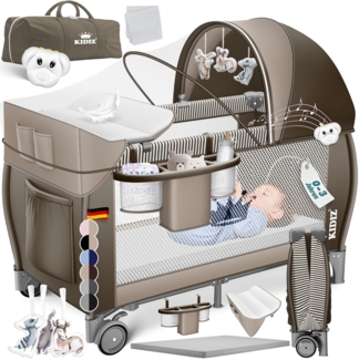 KIDIZ® Babybett 3 in 1 Reisebett Kombi Set Baby Bett mit Wickelauflage Moskitonetz Laufstall Baby ab Geburt bis 15 kg luftige Seitenwände mit Seiteneingang Tragetasche zusammenklappbar Braun