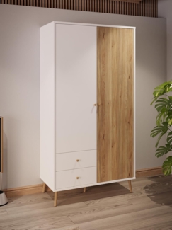 Forte EasyKlix HARLLSON Kleiderschrank Weiß mit Holzdekor: Mauvella Eiche, mit 2 Türen, 2 Schubladen, Einlegeböden und Kleiderstange, hoche Holzfüße, 105 cm breit x 202 cm hoch x 52 cm tief