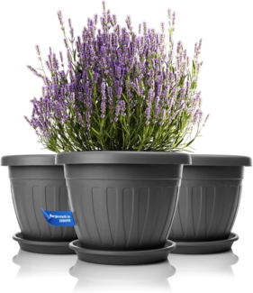 BigDean 3x Blumentopf mit Untersetzer rund ø40xH31 cm anthrazit - wetterfester Pflanzkübel - Wasserablauf UV-beständig aus bruchsicherem Kunststoff - Innen + Außen geeignet - Made in Europe