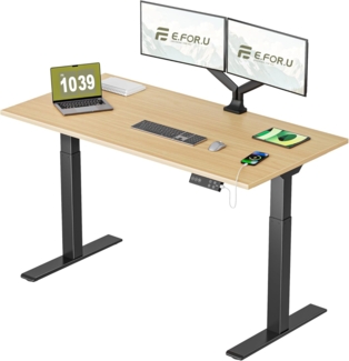 E.For.U® höhenverstellbarer Schreibtisch 160x80 cm, 2 Motoren, elektrisch höhenverstellbares Tischgestell mit 2-Fach-Teleskop, Memory-Steuerung (Schwarz), DT20L mit Tischplatte (Buche)