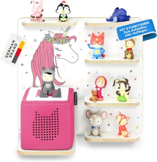 stadtecken Holzregal für Musikbox – Passend für Toniebox & ca. 40 Tonies | Perfekte Aufbewahrung fürs Kinderzimmer | Zum Aufhängen | Erweiterbar (Einhorn)