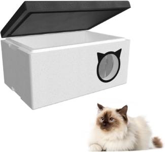 QLS Tierhaus Styropor Katzenhaus 58x38 cm, Wetterfest mit Vorhang Outdoor Tiere